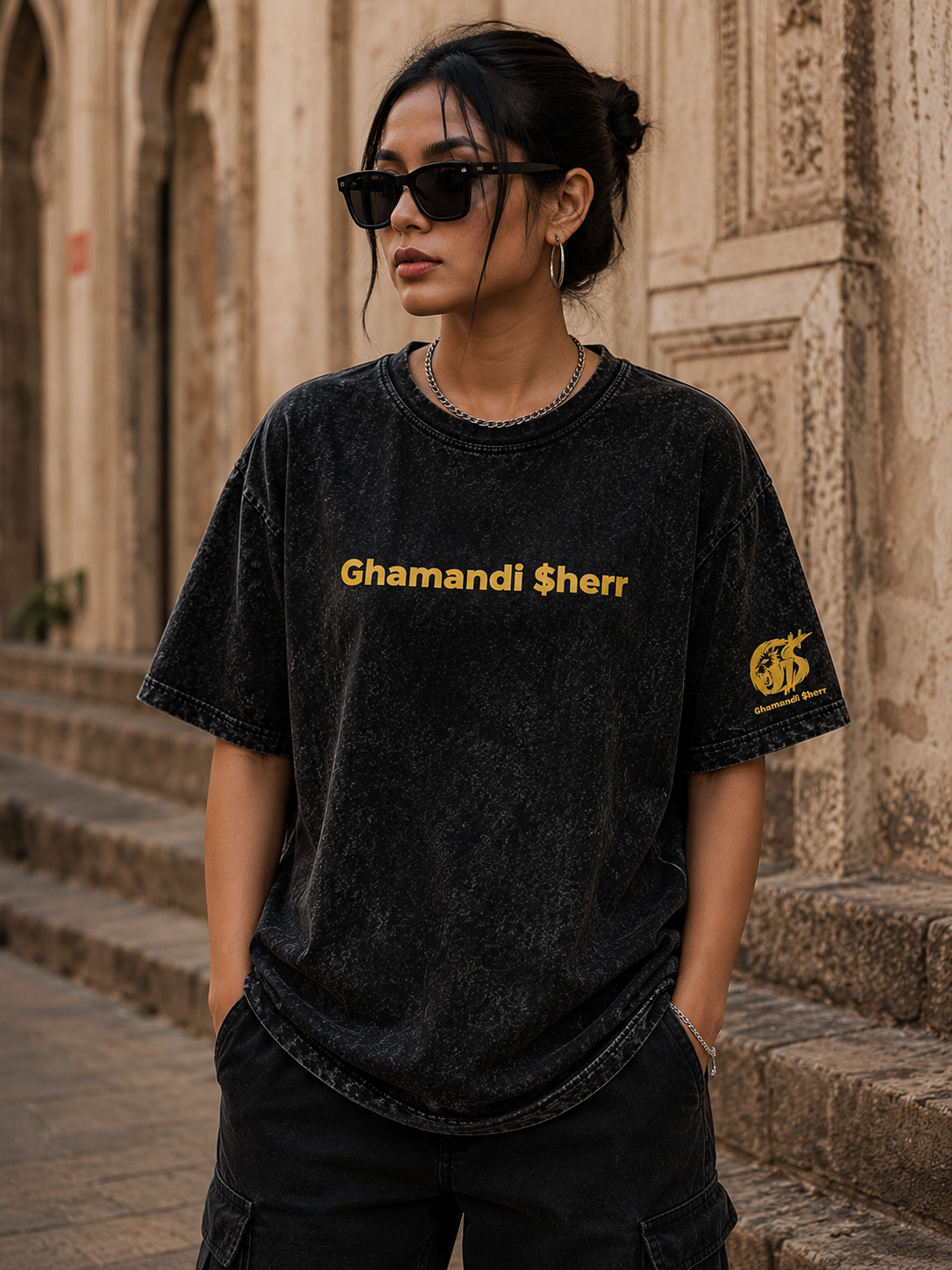 Golden Gaze Black Acid Wash Anime Graphic T-Shirt | Ghamandi Sherr
