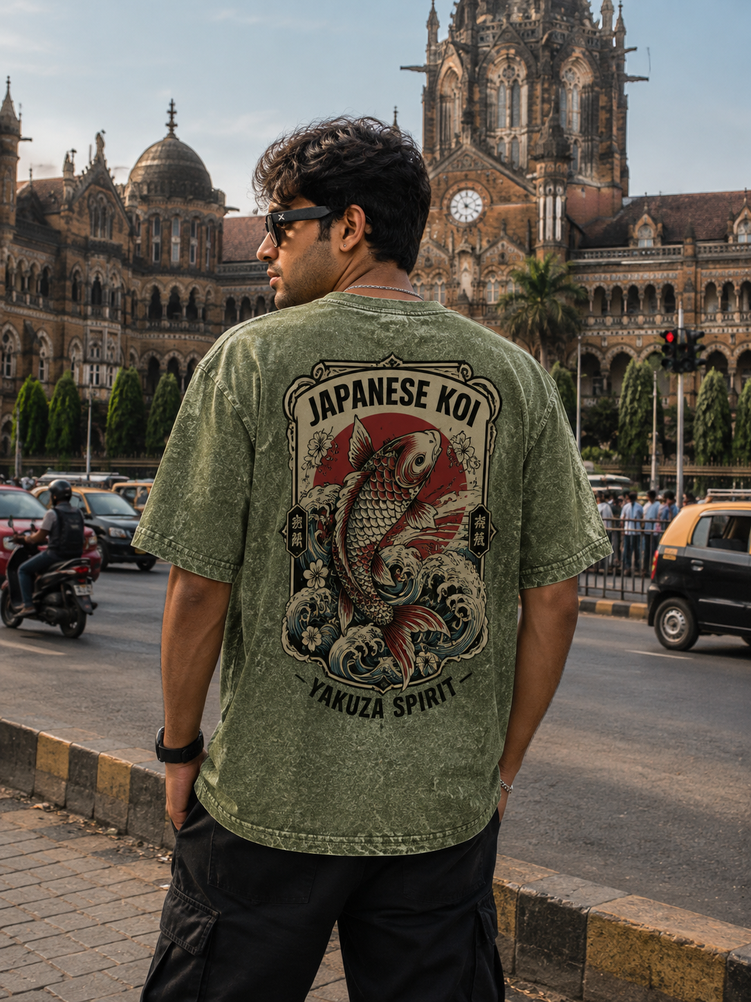 Yakuza Koi Green Acid Wash Japanese Graphic T-Shirt | Ghamandi Sherr