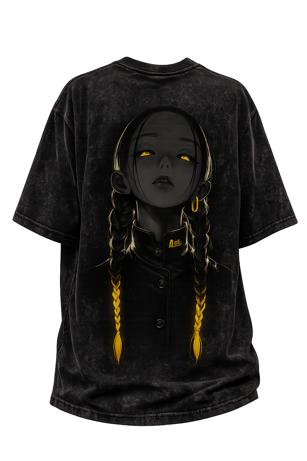 Golden Gaze Black Acid Wash Anime Graphic T-Shirt | Ghamandi Sherr